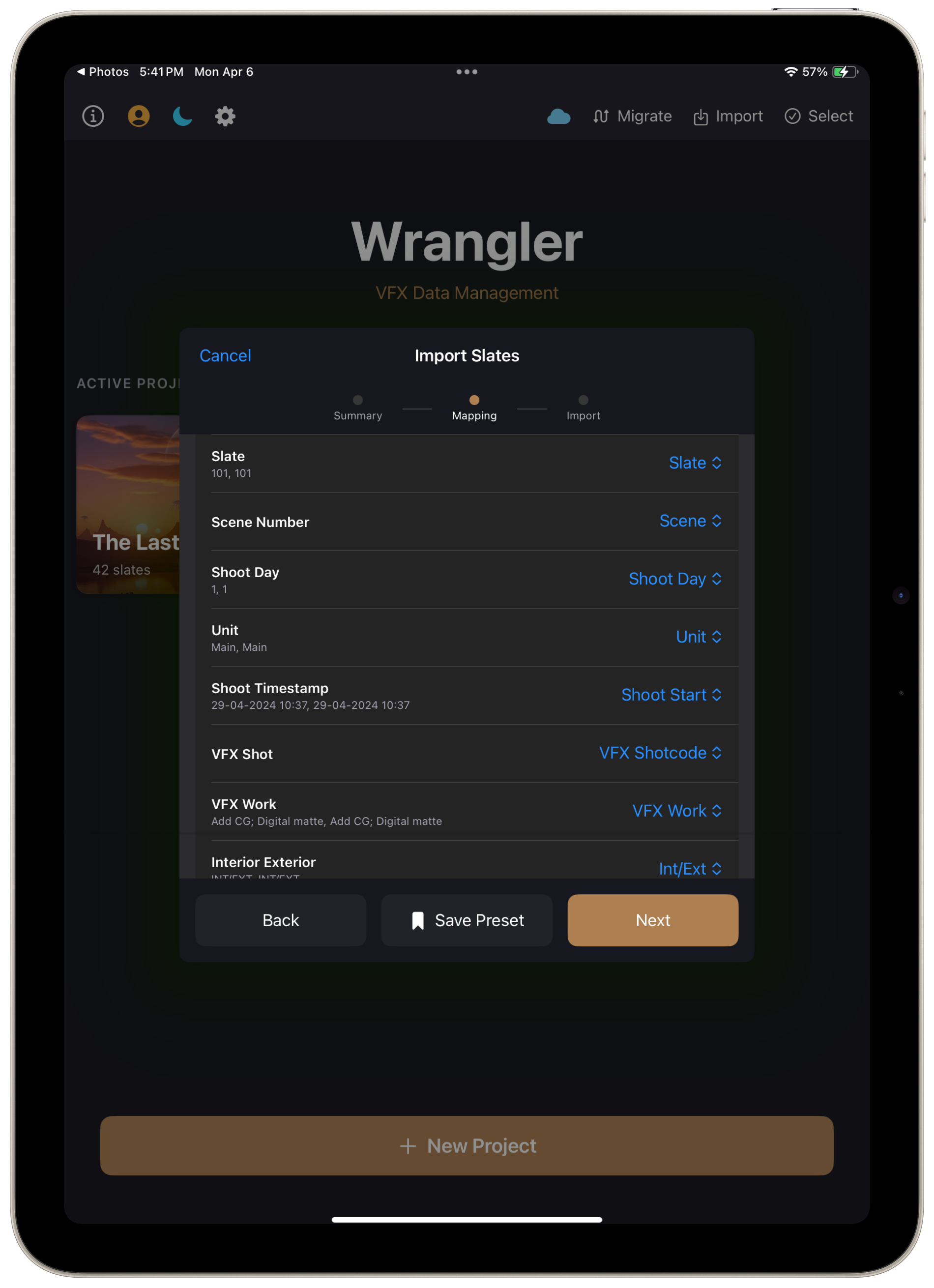 Column mapping screen showing auto-mapped fields like Slate, Scene, Shoot Day, and VFX fields
