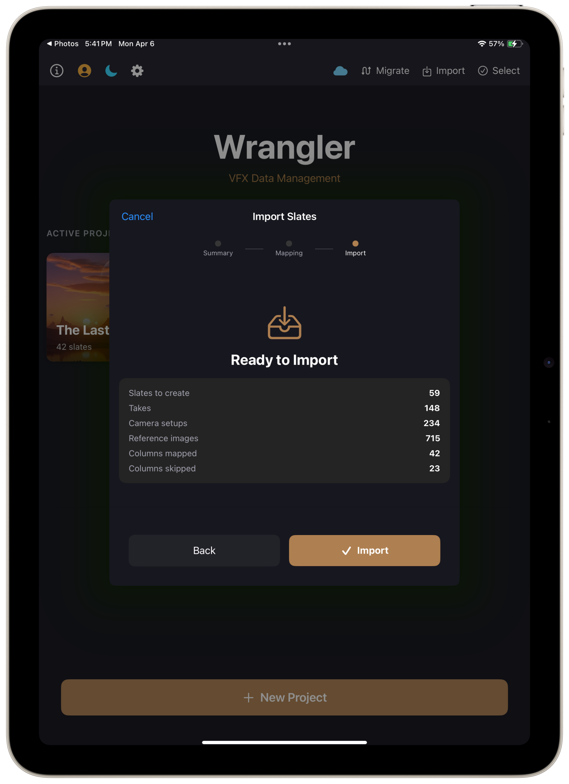 Import preview showing 59 slates, 148 takes, 234 camera setups, and 715 reference images ready to import